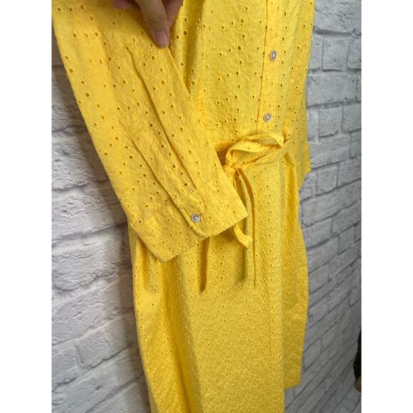 Talbots Yellow Eyelet Midi Shirt Dress Belt Size 8 3/4 Sleeves Button Front - Picture 3 of 8